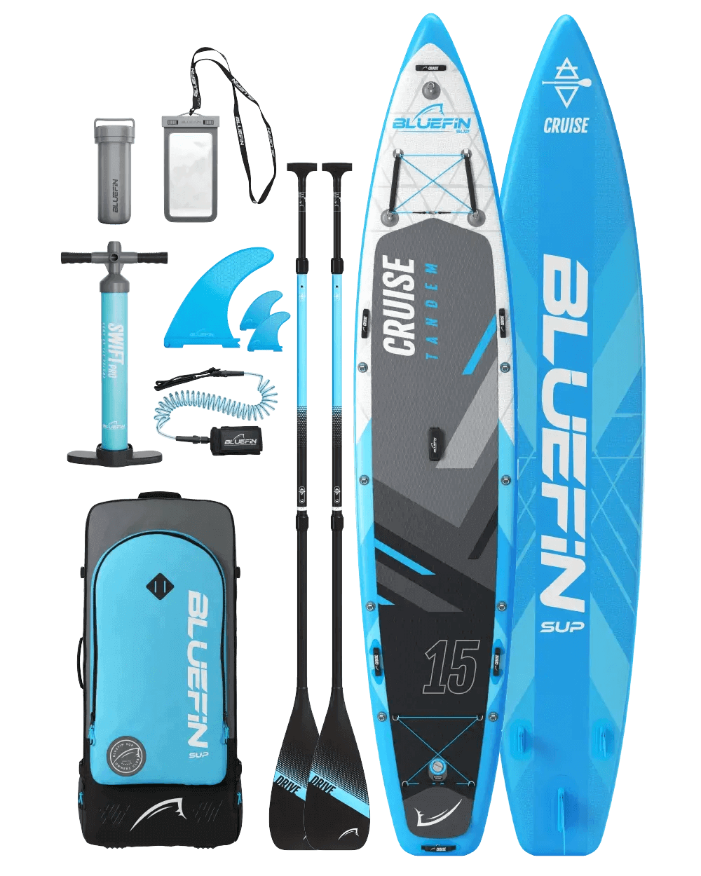 Inflatable paddleboard kit with two paddles, pump, fins, backpack, and waterproof phone case.