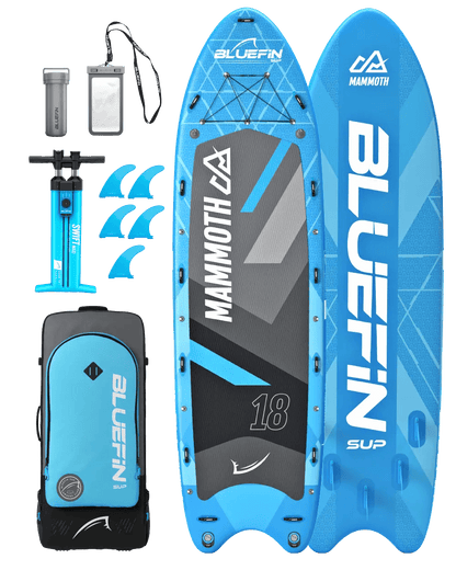 Inflatable paddleboard with blue and gray design, pump, fins, backpack, and waterproof case.