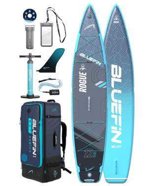 Inflatable paddleboard with center fin, textured deck, pump, backpack, water bottle, and accessories.