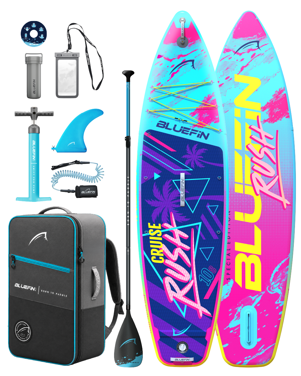 Inflatable paddleboard with colorful design, paddle, pump, fin, backpack, and accessories for water sports.