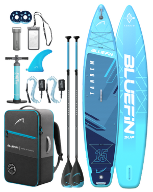 Pack de SUP gonflable Tandem de 15 pieds avec planches, pagaies, pompe, ailerons, leashs, sac étanche et sac à dos ; avant et