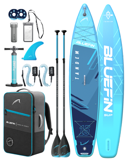 Tandem 15-foot inflatable SUP package with paddleboards, paddles, pump, fins, leashes, dry bag and backpack; front and unders