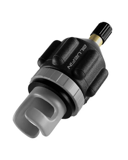 Black valve with a gray base and a yellow connector, designed for inflatable paddleboards
