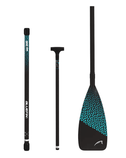 Three-piece adjustable paddle with black shaft and blue patterned blade for paddleboarding.
