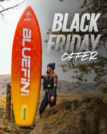 Woman in wetsuit beside an orange inflatable paddleboard on rocky terrain outdoors