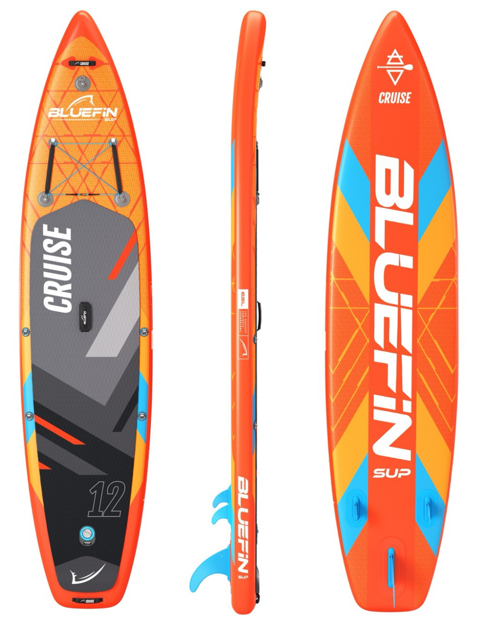Inflatable paddleboard with orange and blue design, center fin, textured deck pad, and inflation valve