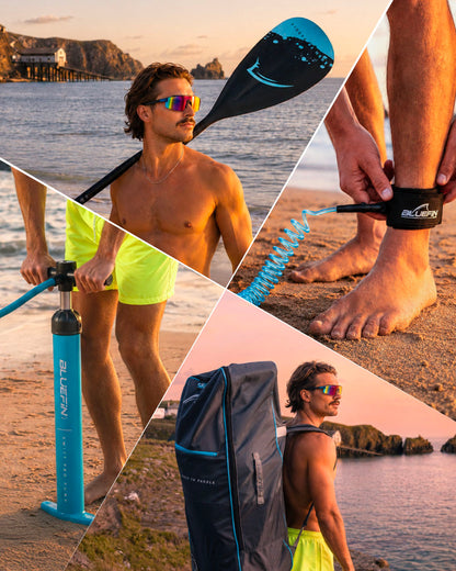 Man in sunglasses holding a paddle, using a pump, and wearing an ankle leash on the beach at sunset.