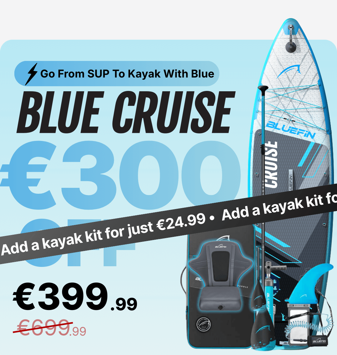 Inflatable paddleboard with blue and gray design, kayak kit, and price details displayed.